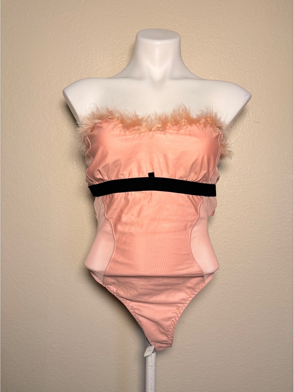 Y2K Sexy Fantasy Lingerie Pink Strapless Feather Trim Bodysuit